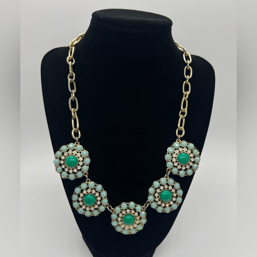 J.Crew Statement‎ Necklace Turquoise Mint Green Floral Disc Gold Tone Necklace